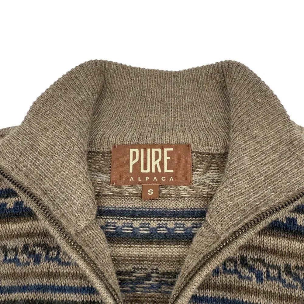 Pure Alpaca Augusto Baby Alpaca Peruvian Geometric Quarter Zip Sweater Beige SM